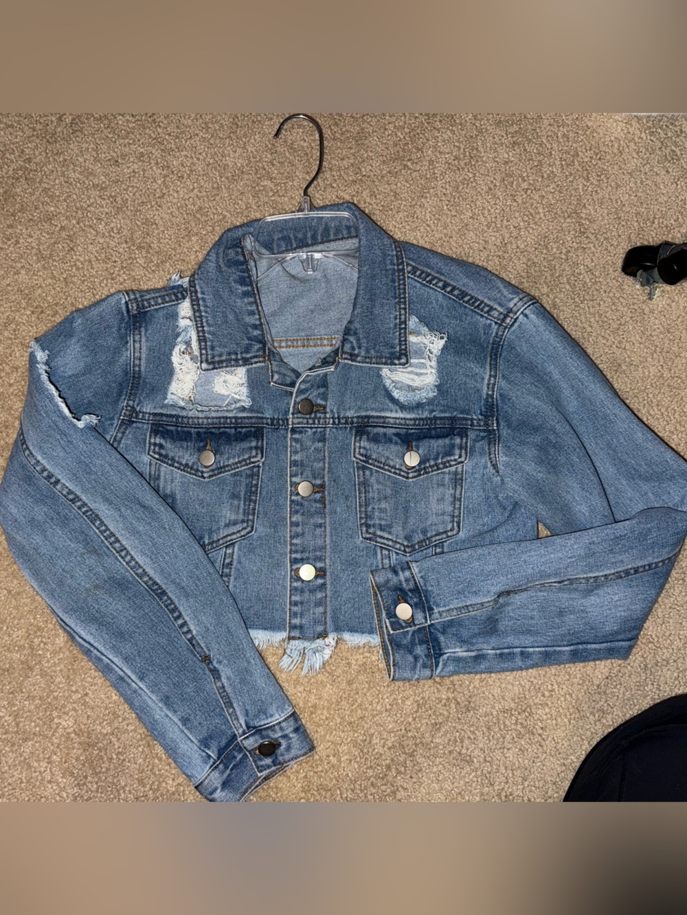 SHEIN Light Blue Distressed Cropped Denim Jacket